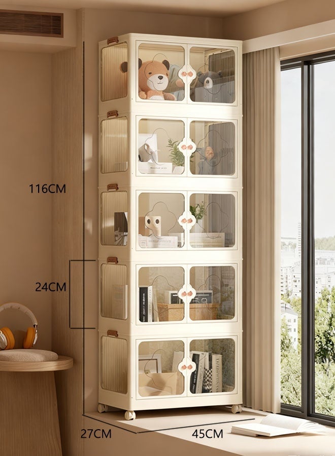 لاسولا خزانة تخزين من 5 طبقات، صندوق تخزين قابل للتكديس مع عجلات، خزانة تخزين غرفة نوم ألعاب الأطفال ذات الأبواب المزدوجة، حاويات تخزين قابلة للطي متعددة الأغراض للمنزل والمكتب 45 × 27 × 116 سم أبيض + شفاف - Image 2